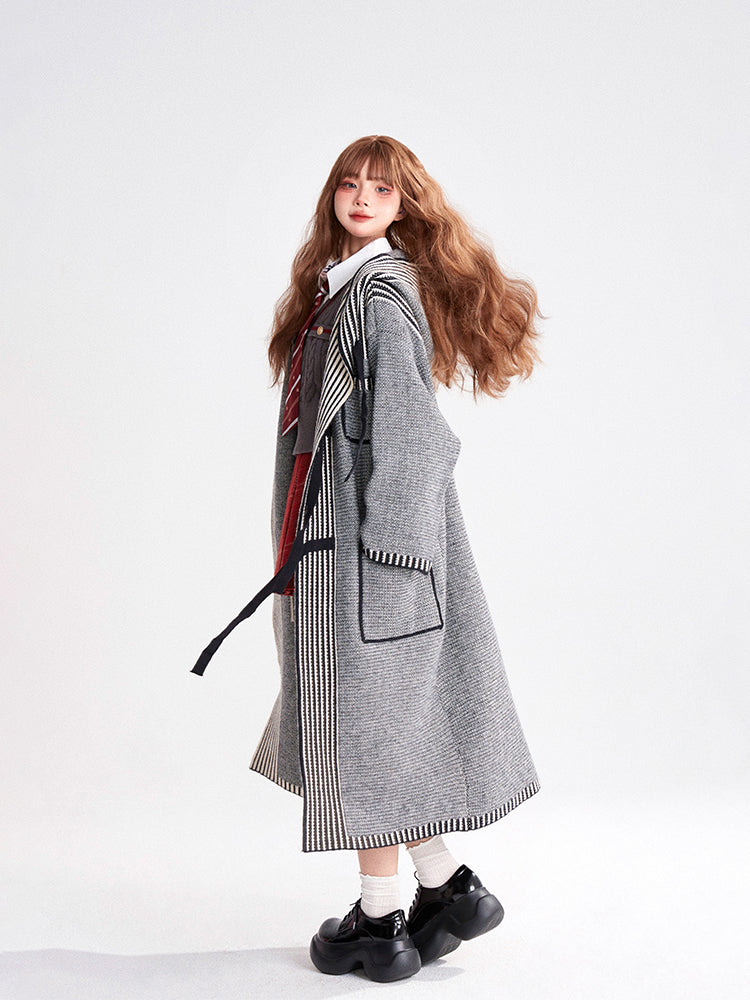 Cardigan Coat Tie-Front Closure Striped Bow Preppy Vintage with Gray Hooded