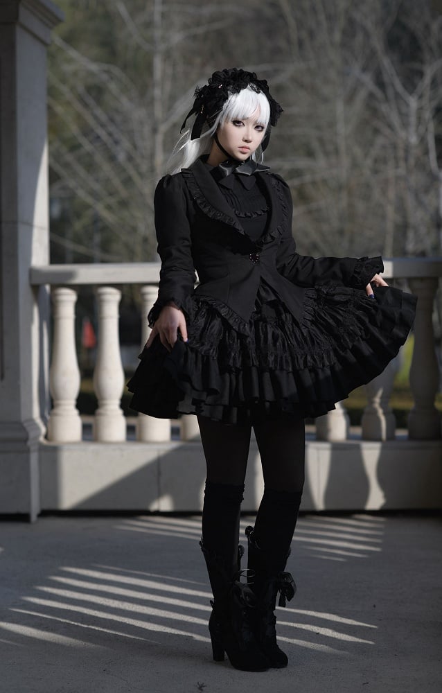 Black Gothic Lolita Tiered Ruffle Puffy Skirt