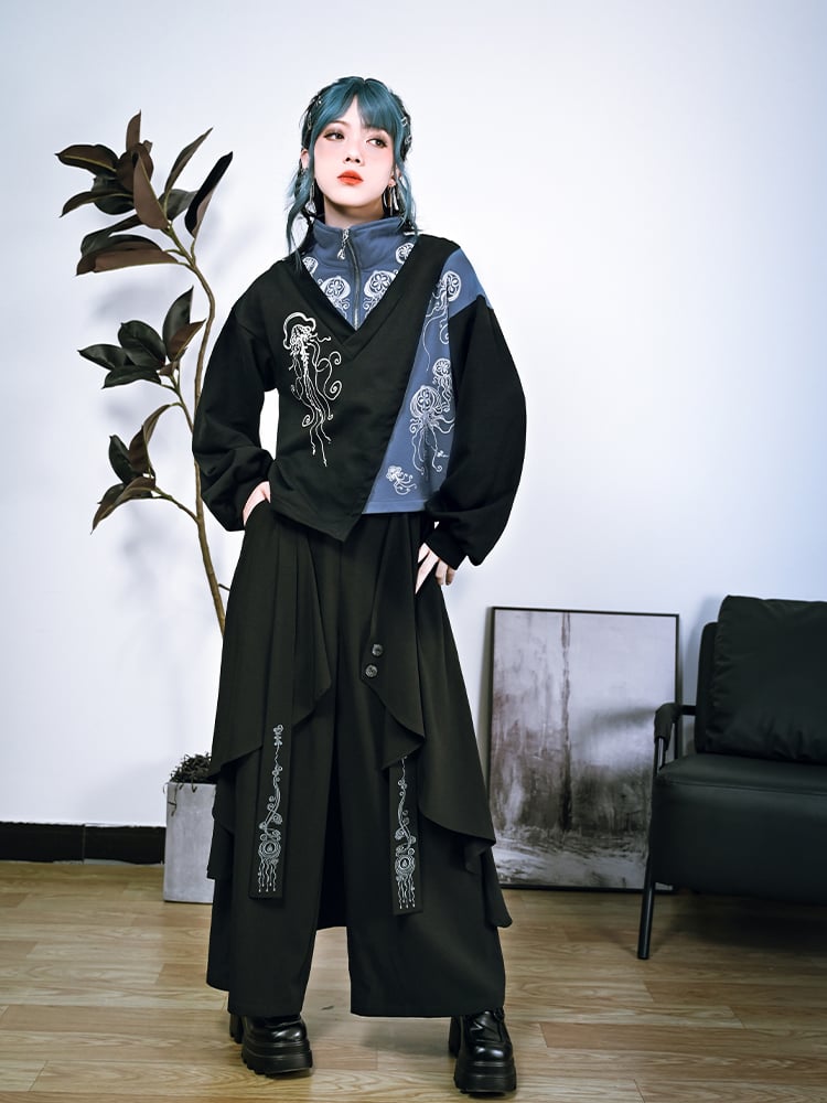 Layers Detachable Embroidered with Cheongsam Regular/Thick Jellyfish Asymmetrical Wide-Leg Pants Ribbon Gothic Black