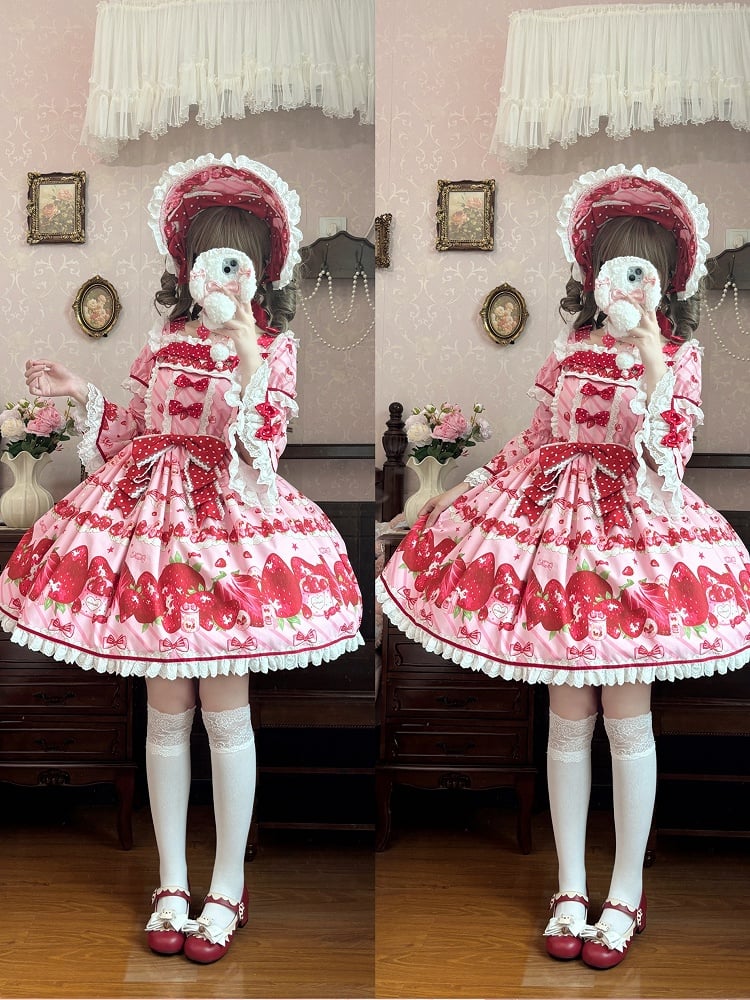 Set Erdbeerkleid Sweet Lolita Kurze Ärmel Volldruck Rosa