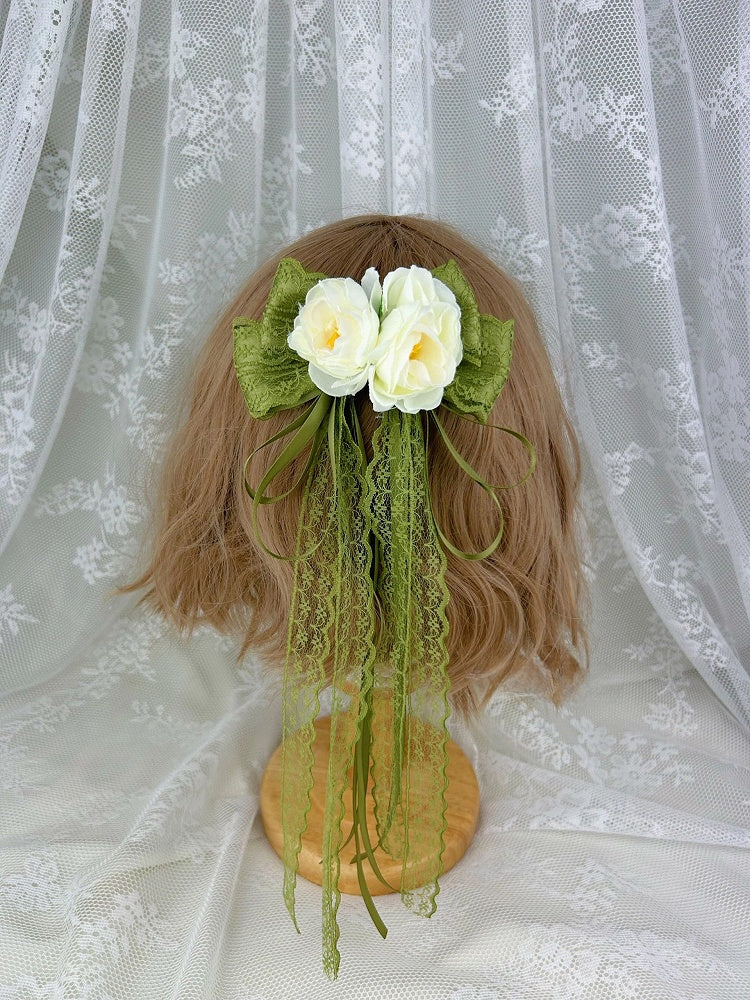 Hair White Clip Green Forest Rose Lace