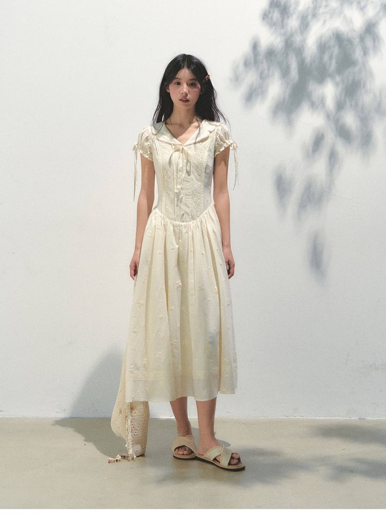 Puff with Yellow Embroidered Elegant Dress Sleeves Light Bowknot