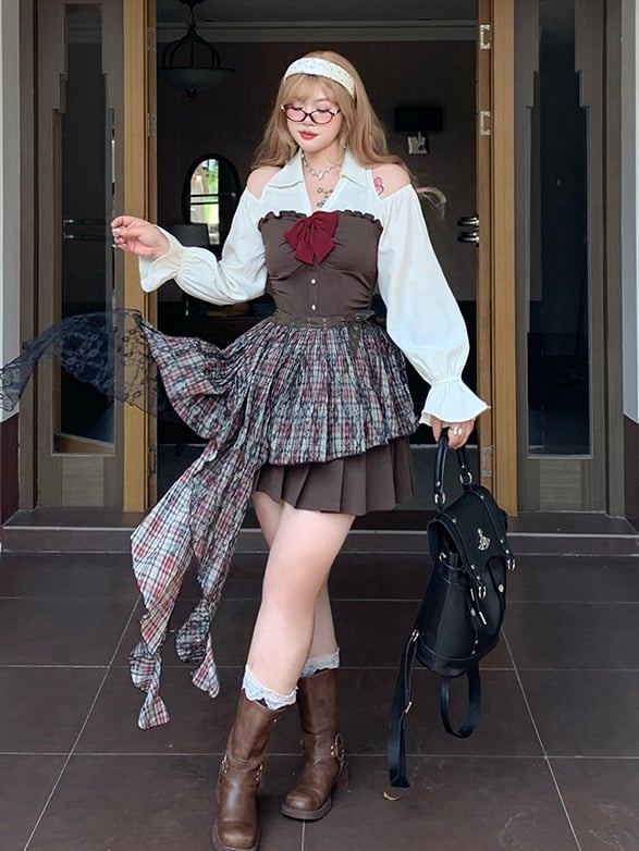 Bishop Dress Pleated Cutout Shoulder and Skirt / Sleeves Plus Size Black Brown with