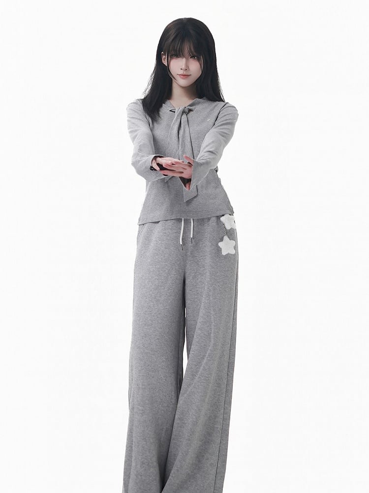 Waist-Cinching with Sleeve Long White/Gray Tie-Neck Top