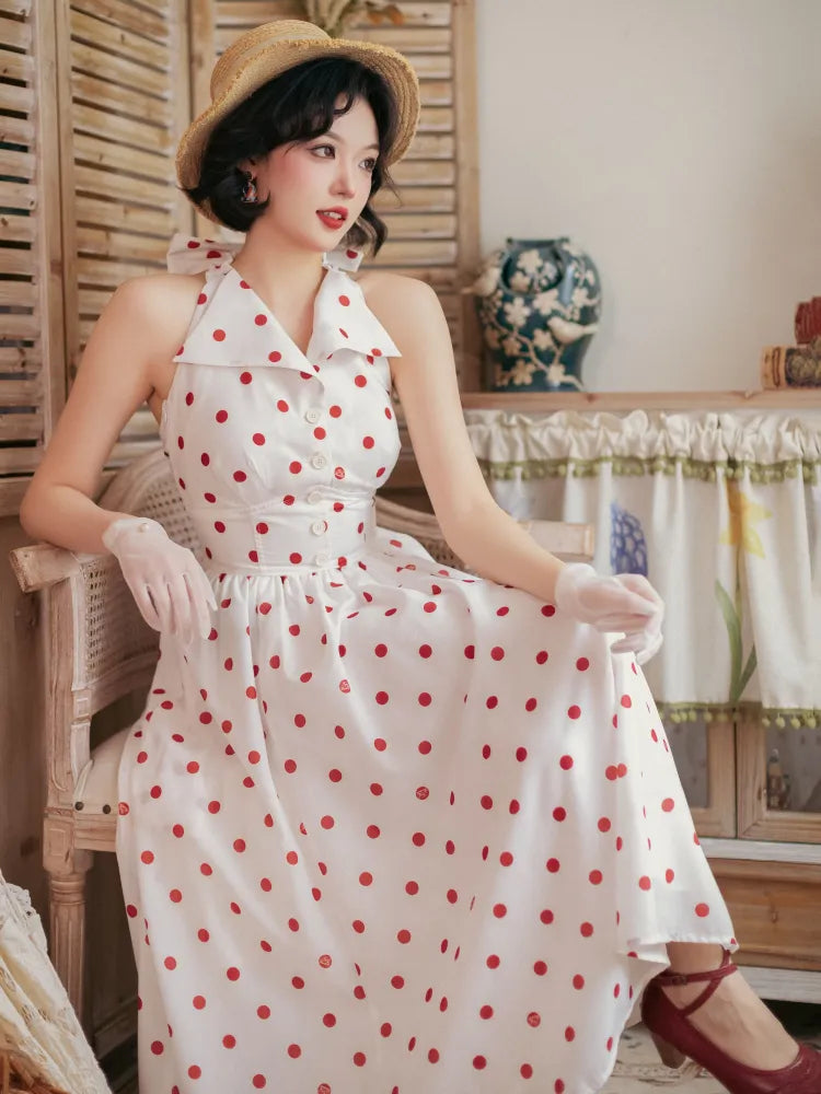 Muster Polka Kleid Punkte Schleife Halfter Big Fashion Retro Print Rückenfrei Rücken Hals