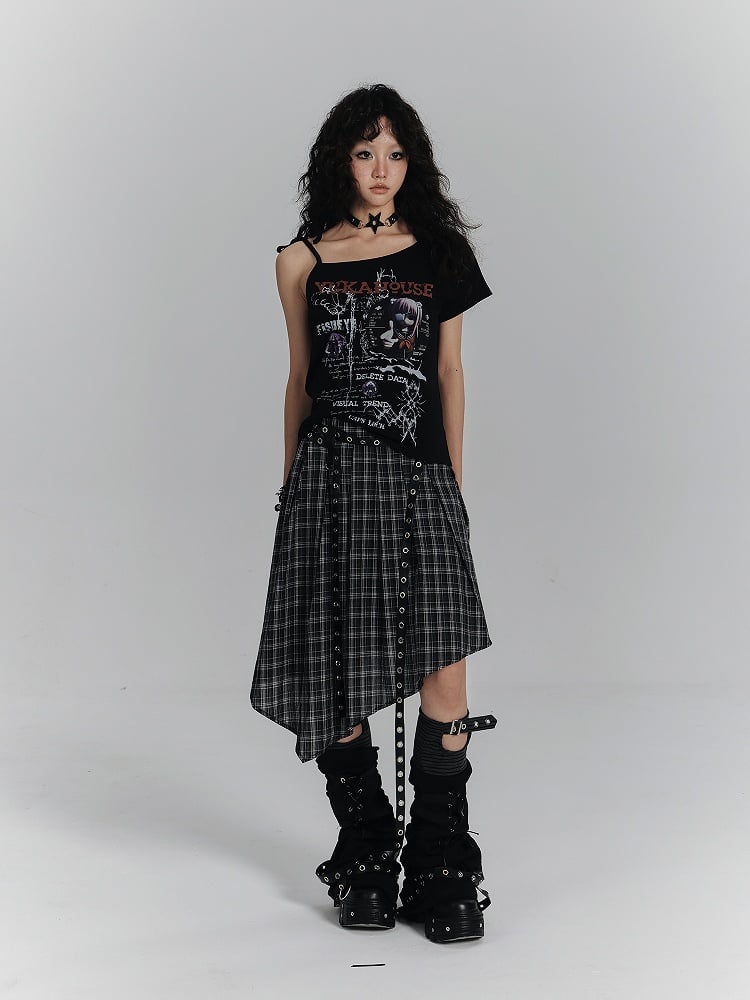 T-Shirt Punk Self-tie Print Asymmetrical Strap Black Anime with
