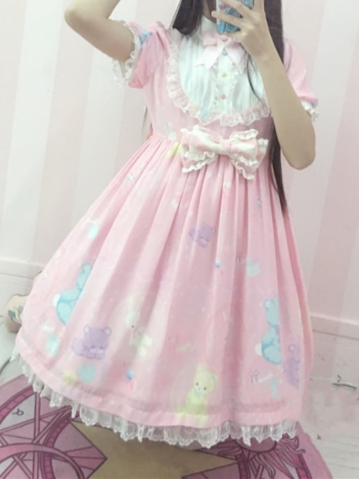 Bubble Zoo Lolita Dress One Piece Pink Sweet Details Chiffon Bowknot