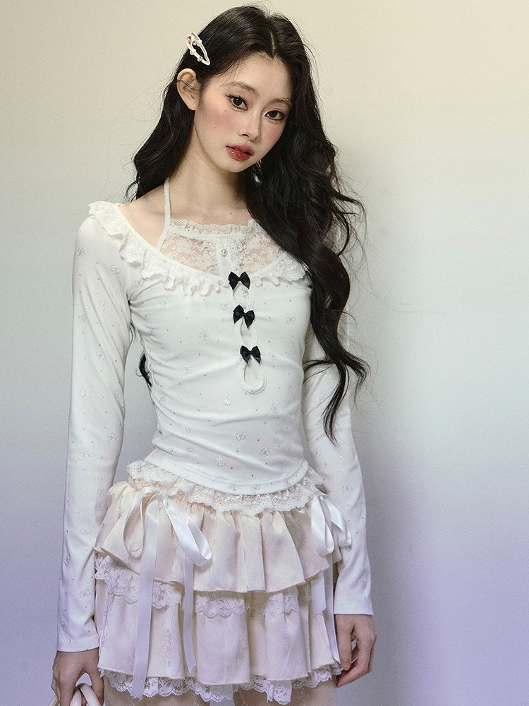 White Bows Print Lace Trim Halter Neck Top