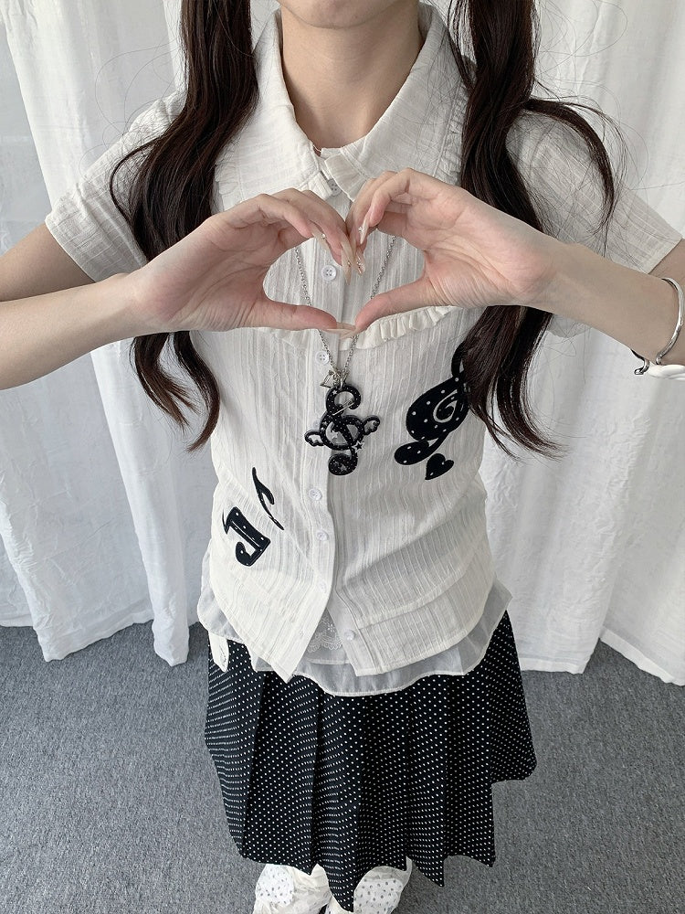 White Peter Pan Collar Ruffle Short Sleeve Top with Music Note Pattern - Solkatt
