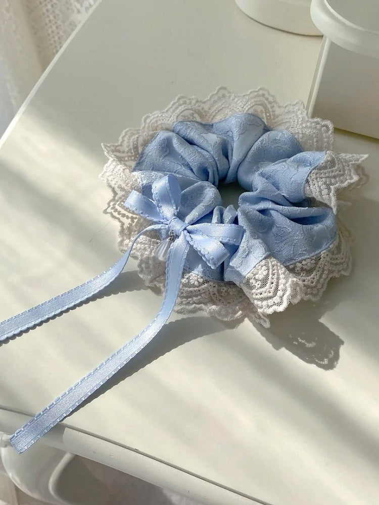 Elegant Lolita Scrunchies with Blue Bow Beige Ribbon
