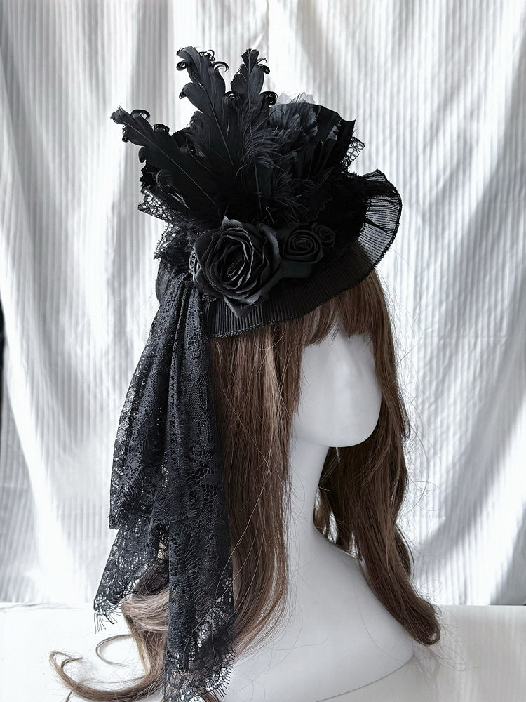 Feather Floral Lace Gothic Black Mini Hat - Widow-maker