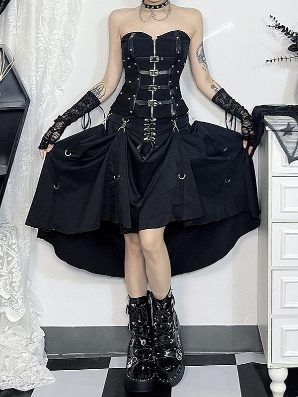Hook Detail Front Halloween with Midi Skirt Cyberpunk Lace-Up Black Gothic