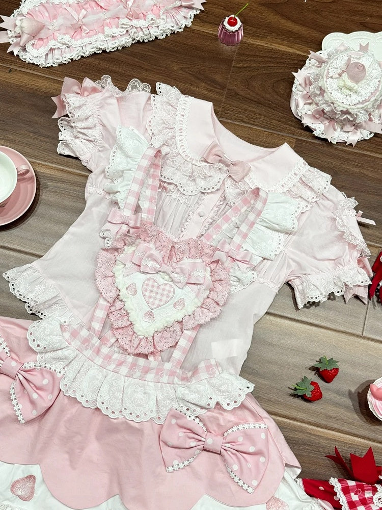 Pink with Bows Applique Print Strawberry Overall Sweet Lolita Dress and Sweetheart