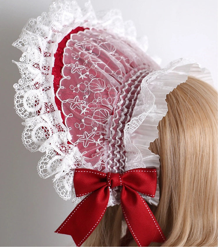 Embroidery White (Vibrant Lace Bonnet Star-Shell Elegant Red Style)