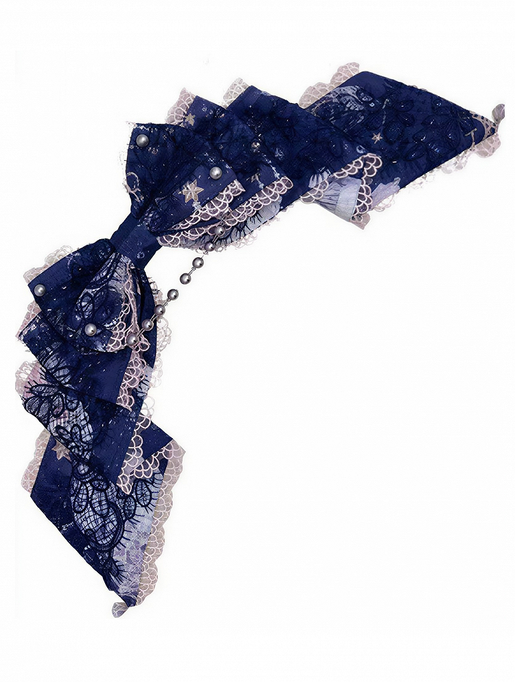 Black/Dark Blue/Light Purple Sweet Lolita Large Bow Hairclip with Bead Chain - Meng Fu Zi