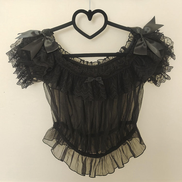 ブラック 伸縮性 オフショルダー ネックライン 半袖 シアーブラウス