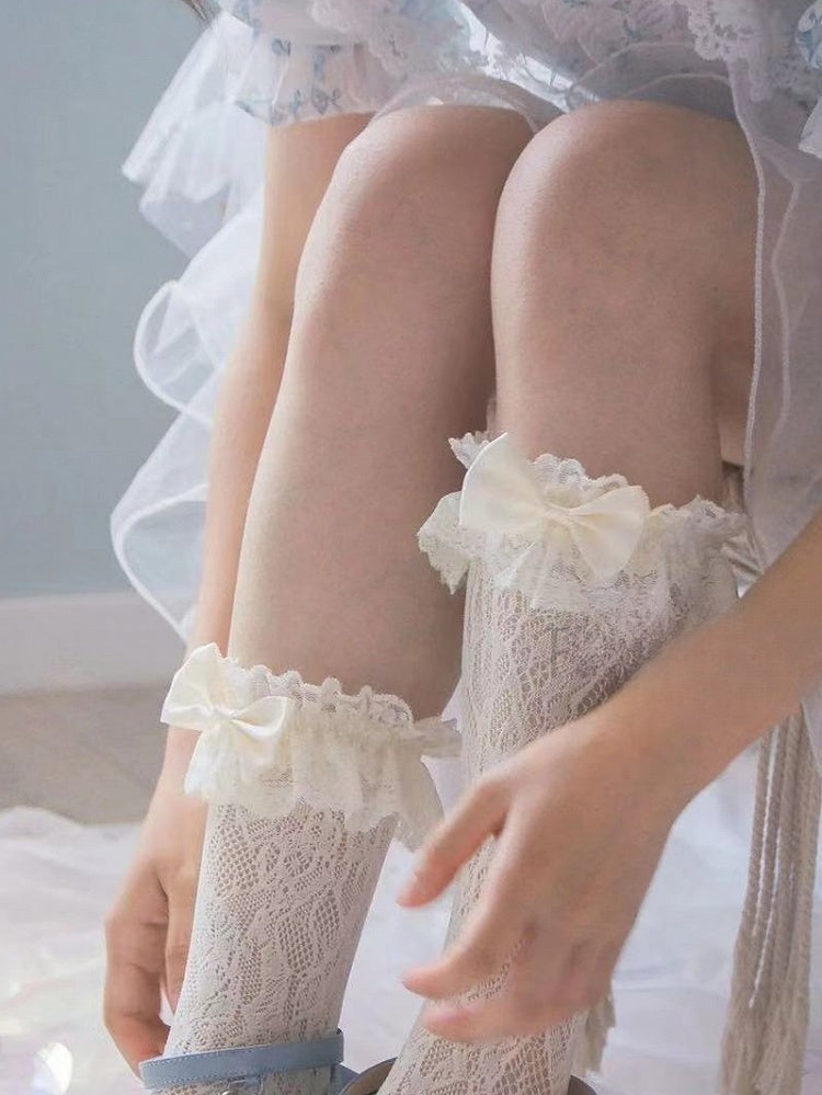 White/Yellow/Black Big Bow Ruffled Lace Cuff Calf Socks
