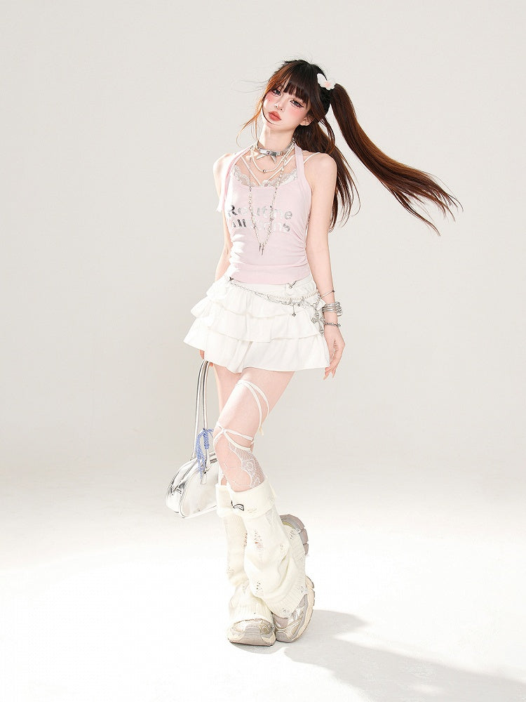 Rosa Neckholder-Top mit Buchstaben-Print und glamourösem Ärmel