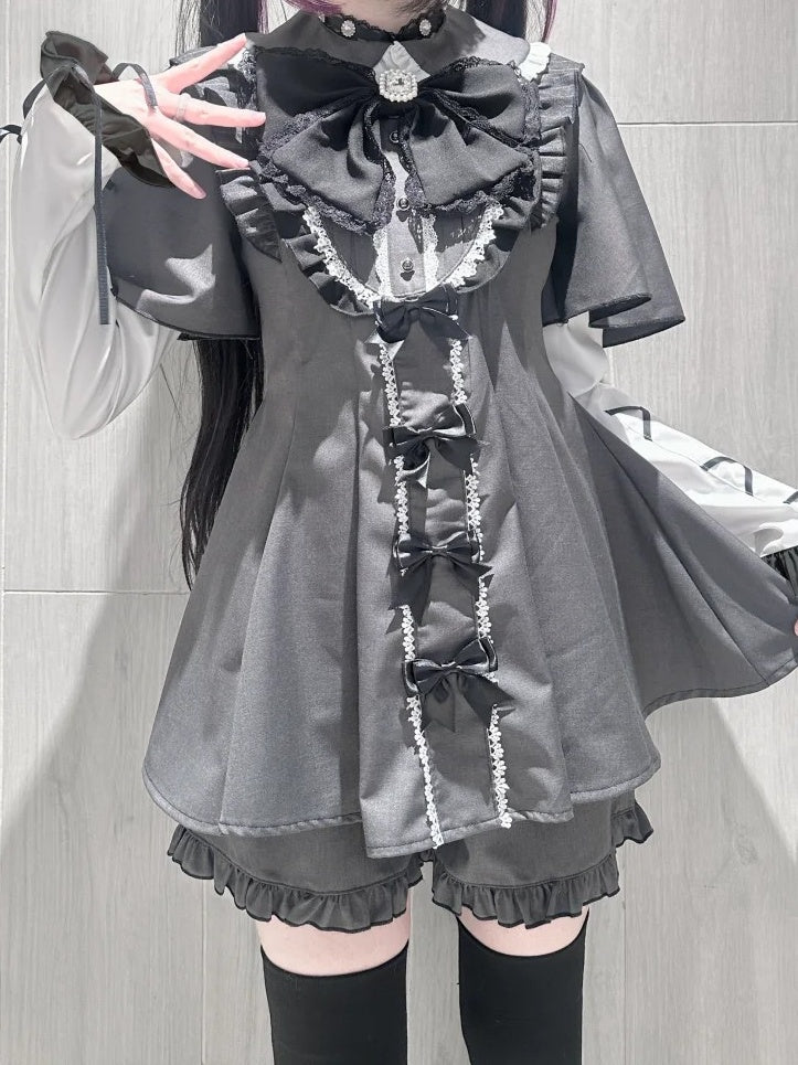 Detachable Dress + Sleeves Gray Tie Set Short-Sleeve Shorts Kei Matching Dark Jirai Full Bow