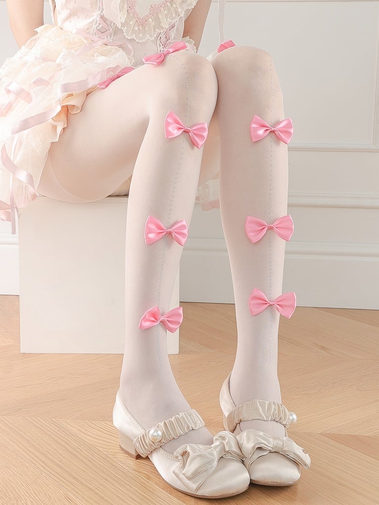 Rhinestone White Tights with Decorations White/Pink Bow Lolita