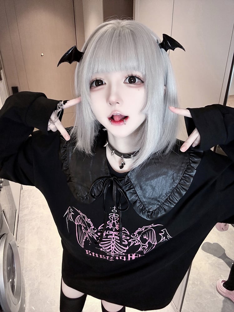 Jirai Kei – Schwarz-weißes Grafik-Top mit abnehmbarem Kragen