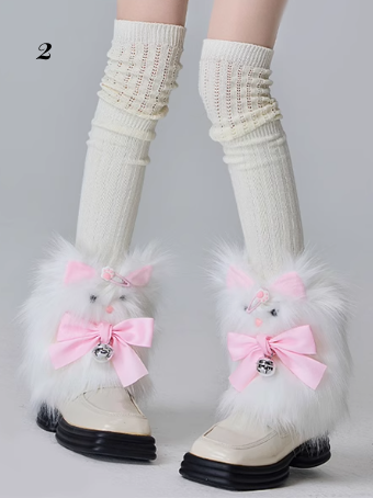 Plüsch-Beinwärmer mit Lamm-Katze und beigen Strümpfen