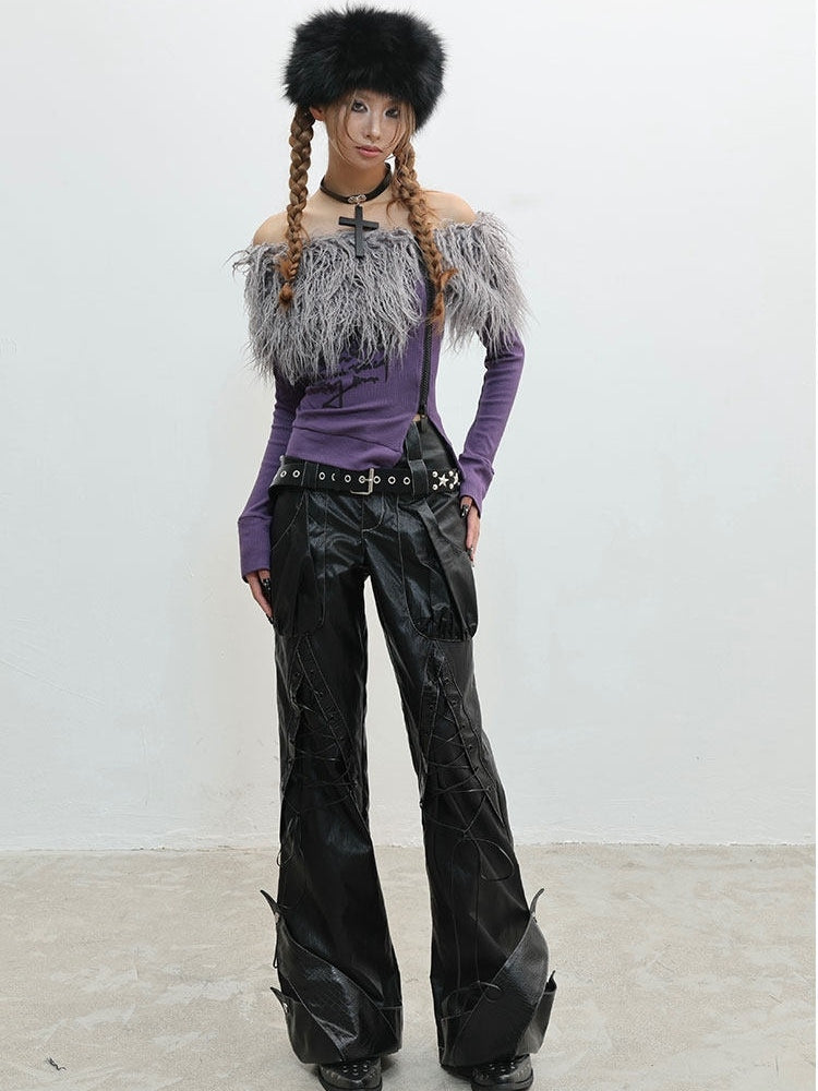 Off-the-shoulder Top - Purple Detail Neckline Punk Edge Raw