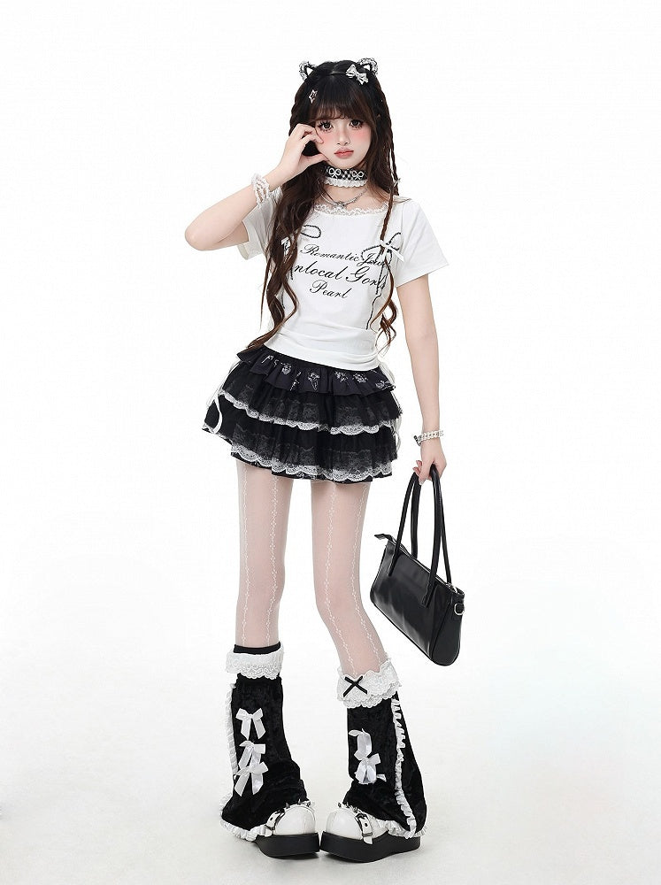 T-Shirt Grafik Schwarz/Grau/Weiß Details Kordelzug Taille Spitzenbesatz Schleife