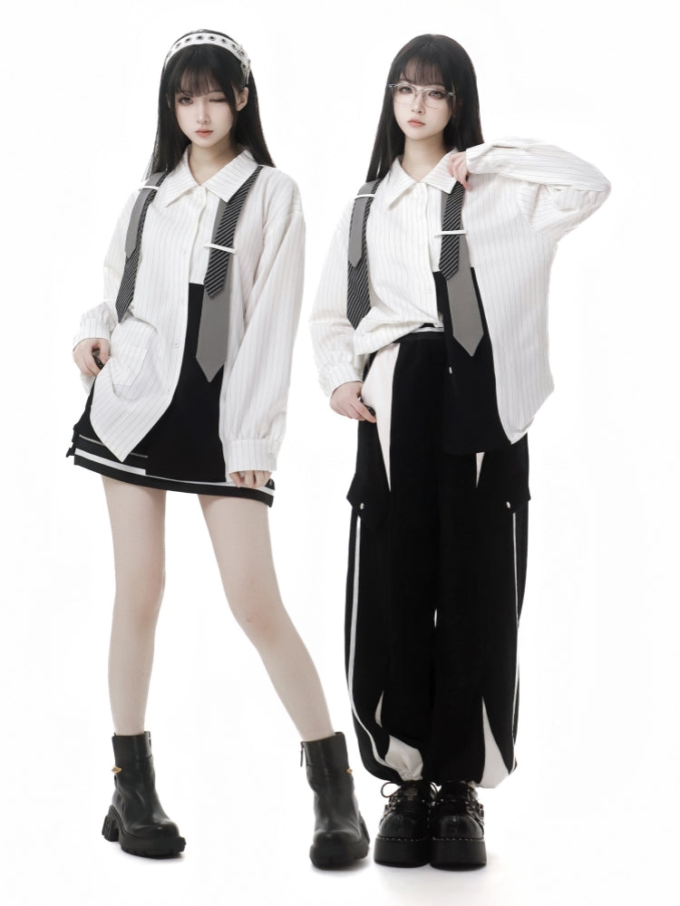 ホワイトネクタイデザインストライプシャツ