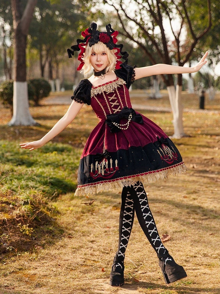 Polka Chandelier Lolita Red Suede Black Dot Sweet and Bows Dress Print with Wine