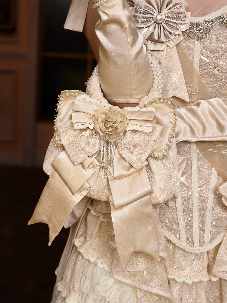 Cream Accent Satin with Bow Pearl Handbag Elegant Handle