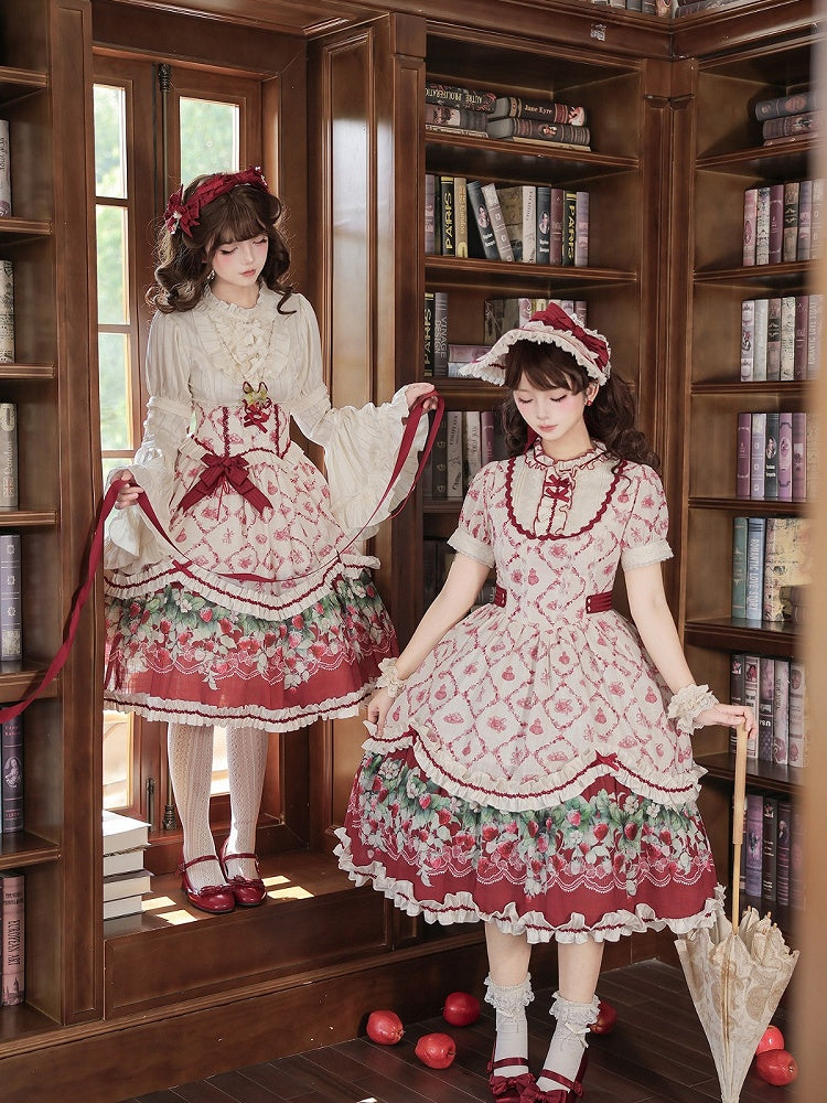 Sweet Lolita Strawberry Floral Printed OP Gown with Lace and Ribbon Accents - Currant