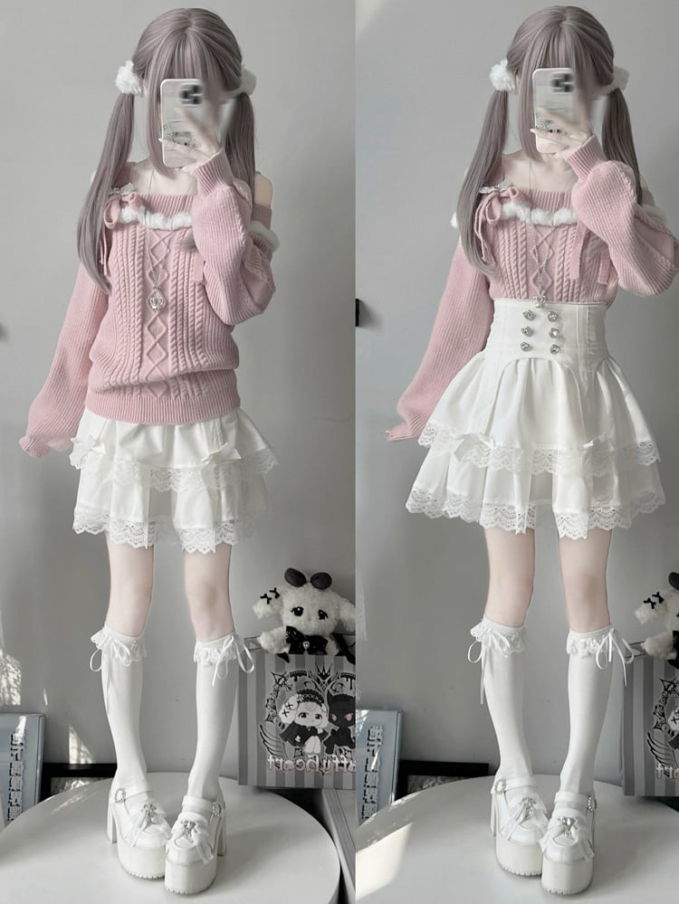 ジライケイ ピンク オフショルダー リボンアクセント 地雷風セーター