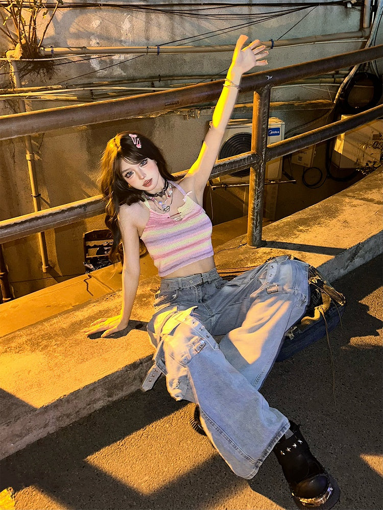 Purple Green Striped Tank Top with Bow Straps and Pin Detail