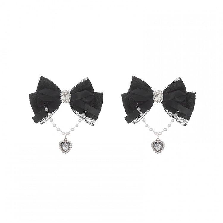 Rhinestone Black Beaded and Charm Jirai Hairclips Kei Heart with Bow Chain