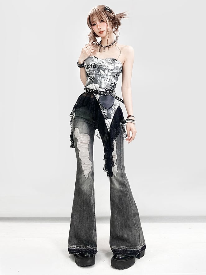 ほろ苦いグレーのダメージ加工ディテールフレアジーンズホールシルエット