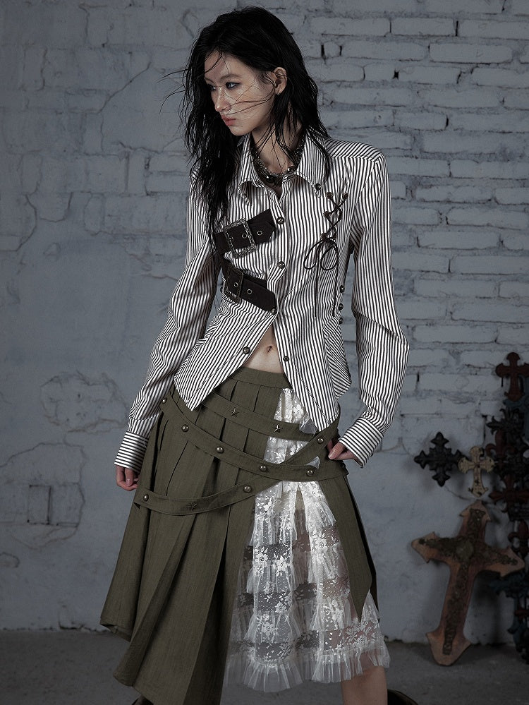 BrownWhite Buckle Lace-Up Pattern Striped Design Wasteland Decorated Shirt Punk