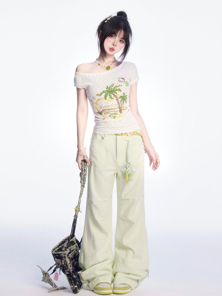 パンツ ライトグリーン ローウエスト ジップカフス ワイドレッグ カーゴ