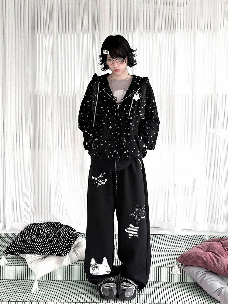 Jacket Pattern with Cuffs Star Elastic Black Kawaii Hoodie Daily