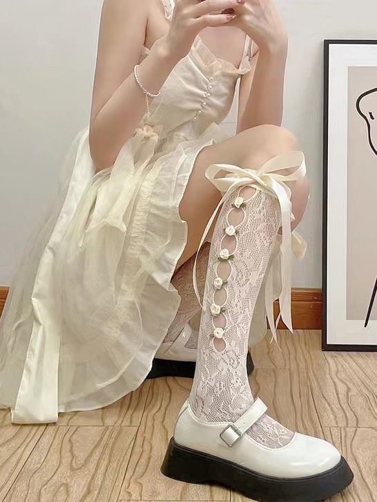 Socks Apricot/Purple Decorations Lolita Rose Bow Cutout White with Calf 3D Lace Side Ribbon Creamy