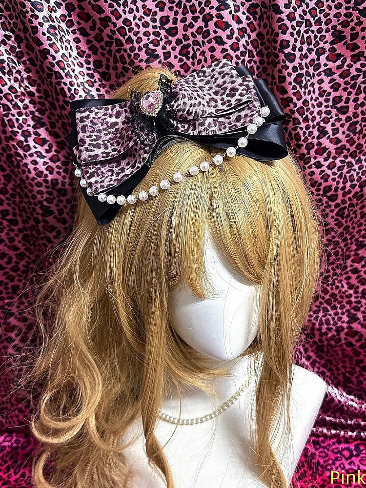 Gyaru Decor with Print Bow Leopard 4 Lace Pearl Hairclips Chain Rhinestone Colors