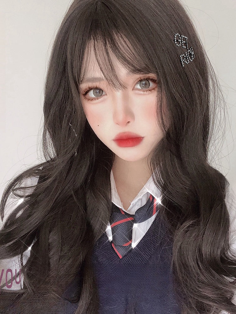 Schwarzbraune 60 cm lange gewellte Perücke mit Air-Pony