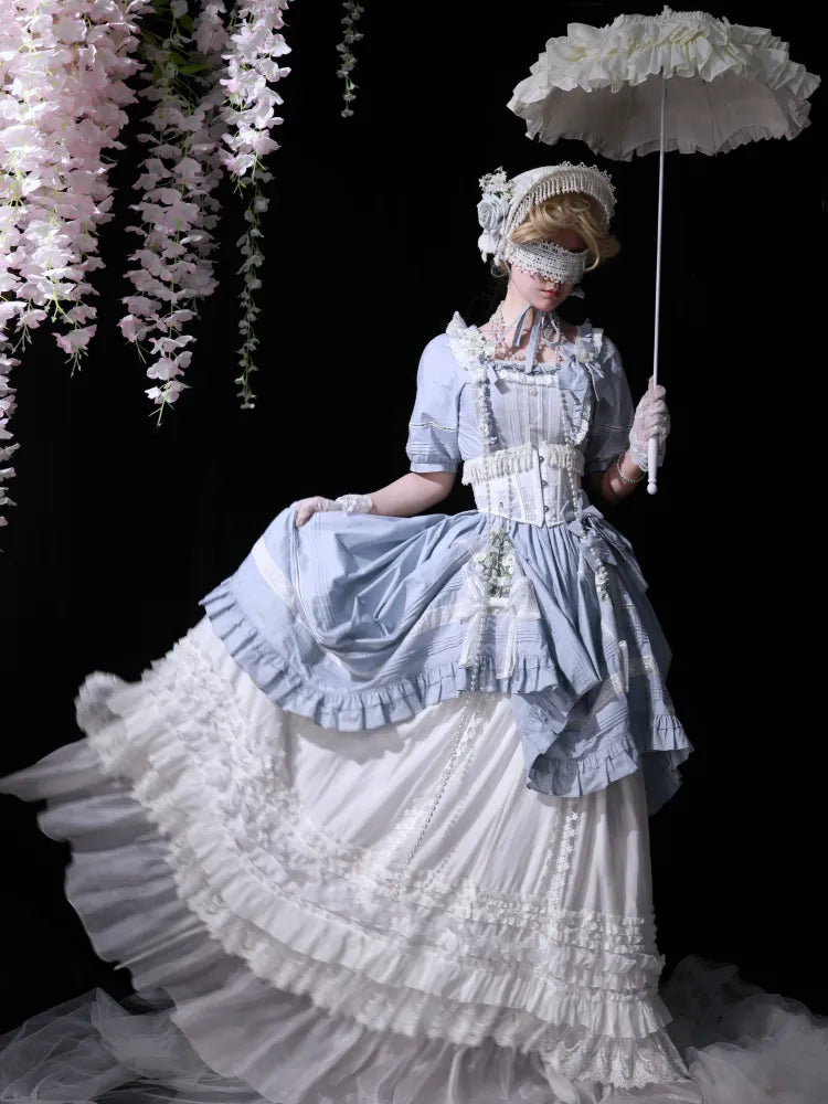 Embroidery Dress Cotton Lolita Blue Square Jasmine Neckline