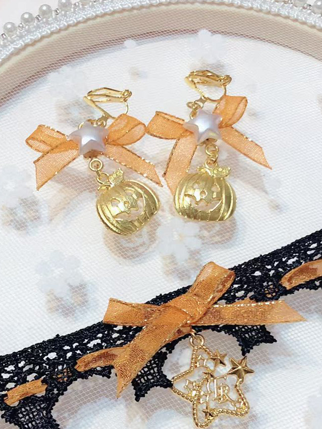 Gold Halloween Pumpkin Charm Bowknot Earclips
