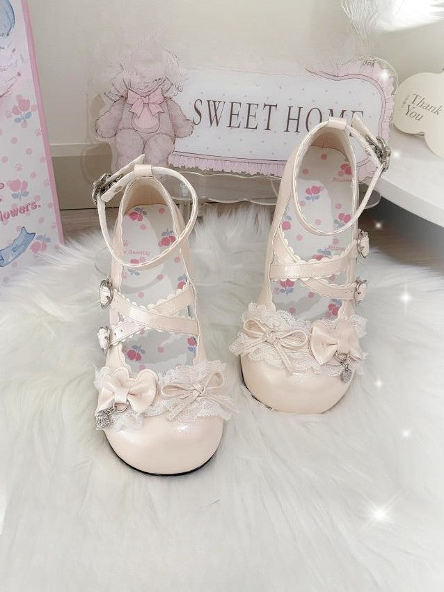 Mary Lolita Embellishments with Heel Design BeigeSweet Detail Scalloped Janes Bow Mid -