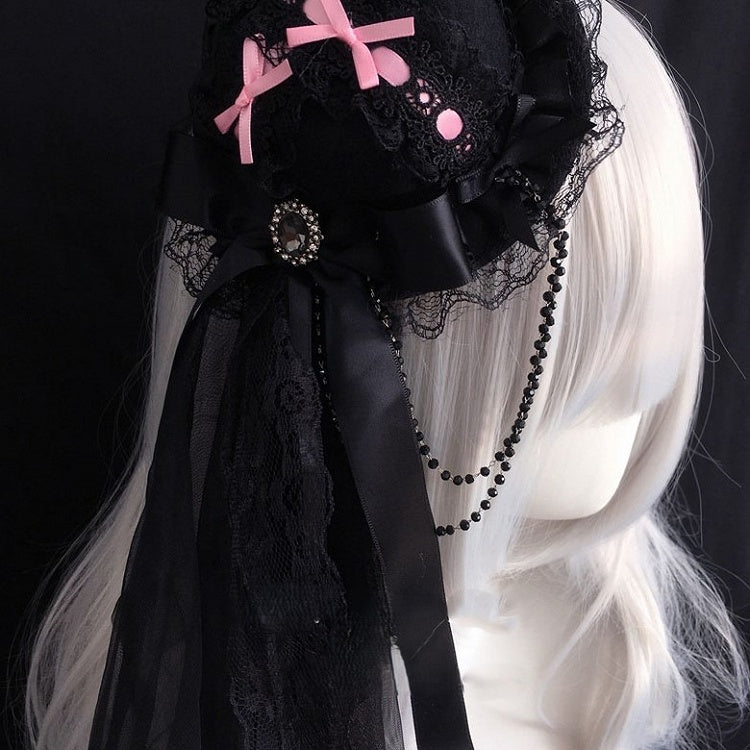 Bowknot Hat Chain Lace Trim With Mini Beaded Black