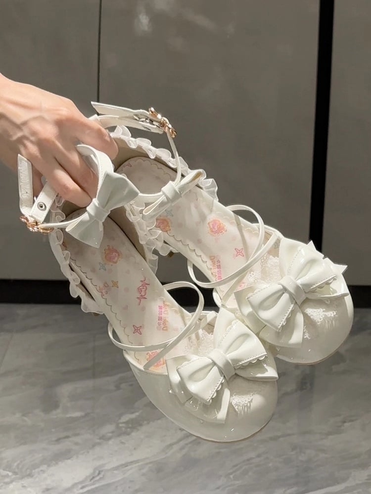 Bow Design White with Mid-heel Sweet Embellishments - Mary Janes Lolita