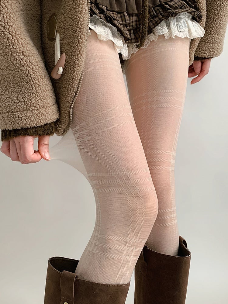 / Plaid White Black Pantyhose Sheer Tonal