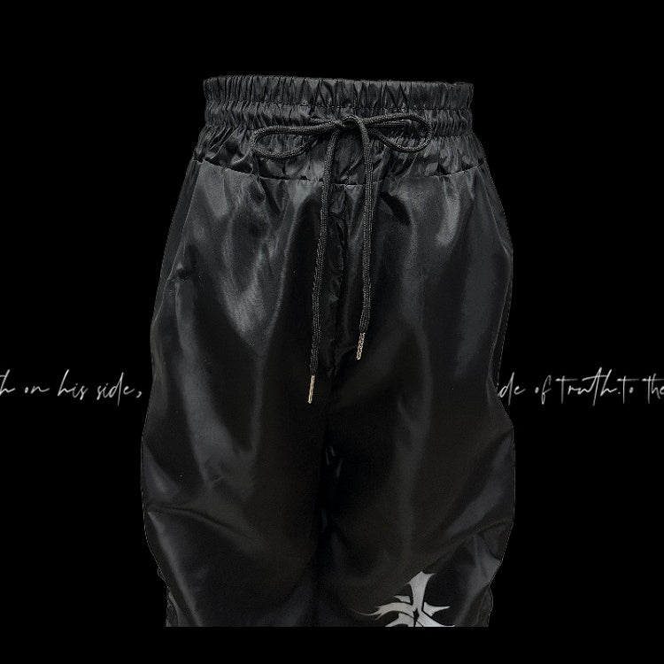 ウエストクロスプリントデザイン ドローストリング ブラック ルーシュ カジュアルパンツ