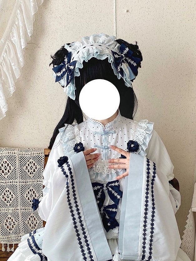 Blue with Ruffled and Tassel Accents Hairband Lolita White Bow